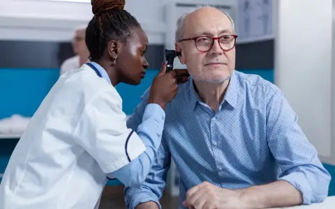 Une jeune femme en formation BTS Audioprothésiste examine l'oreille d'un patient âgé avec un otoscope.