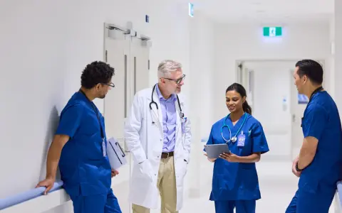 Une équipe médicale discute dans un couloir d'hôpital. Un médecin en blouse blanche échange avec trois infirmiers en uniforme bleu. Ils semblent discuter d'un cas, peut-être en lien avec du infirmier en ligne.