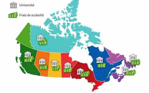 Carte du Canada montrant les universités et les frais de scolarité. Un budget pour partir vivre au Canada doit tenir compte de ces coûts variables.