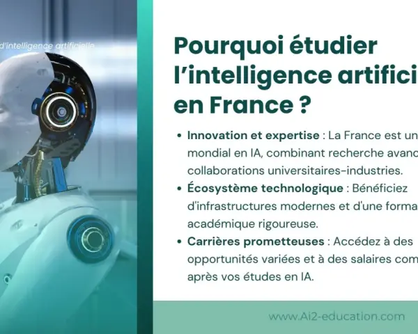 Un robot pensif, logo "AI2 École d'intelligence artificielle". Pourquoi étudier l'IA en France ?