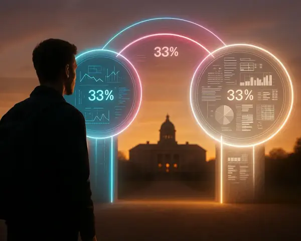 Un jeune homme regarde des cercles lumineux affichant des graphiques et "33%", symbolisant peut-être la préparation au GMAT test.