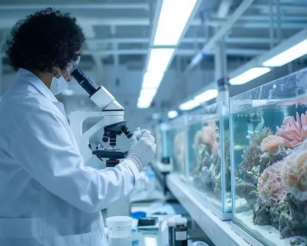 Chercheuse en blouse blanche examinant des coraux au microscope, dans le cadre de sa licence biologie marine.