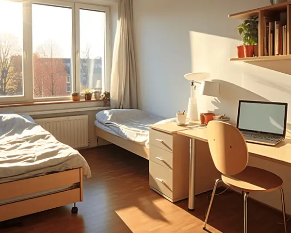 Chambre d'étudiant lumineuse avec deux lits, un bureau et un ordinateur portable. Idéal pour étudier et se détendre, loin des préoccupations du loyer moyen aux États-Unis.