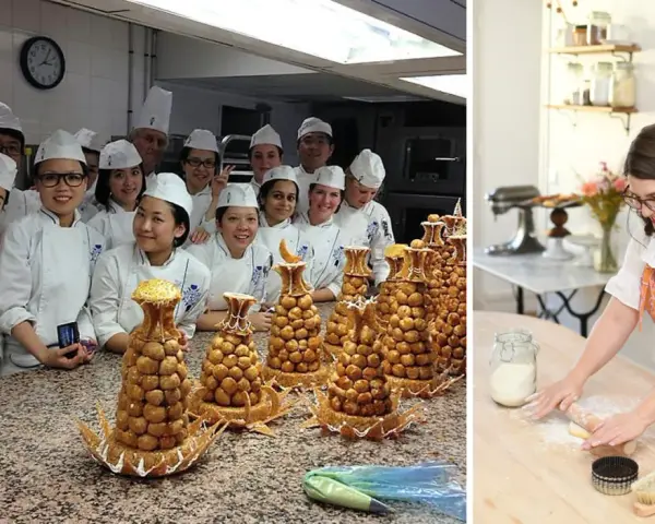 Élèves en cuisine posant avec des pièces montées de croquembouches, une spécialité du cordon bleu patisserie.