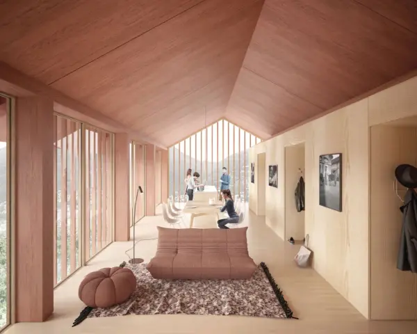 Intérieur lumineux d'un logement étudiant suisse en bois, avec vue sur les montagnes. Un espace convivial pour étudier et se détendre.
