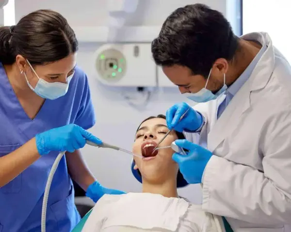 Dentiste et assistante examinant une patiente. Le coût d'une étude orthodontiste peut varier.