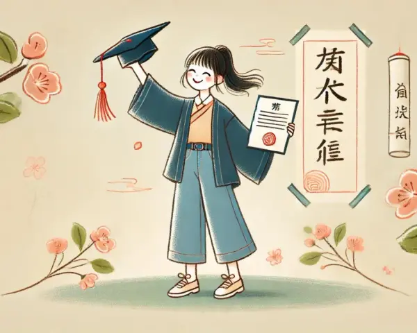 Jeune diplômée tenant son chapeau et son diplôme, célébrant l'obtention de sa licence chinois à distance. Fleurs de cerisier en arrière-plan.