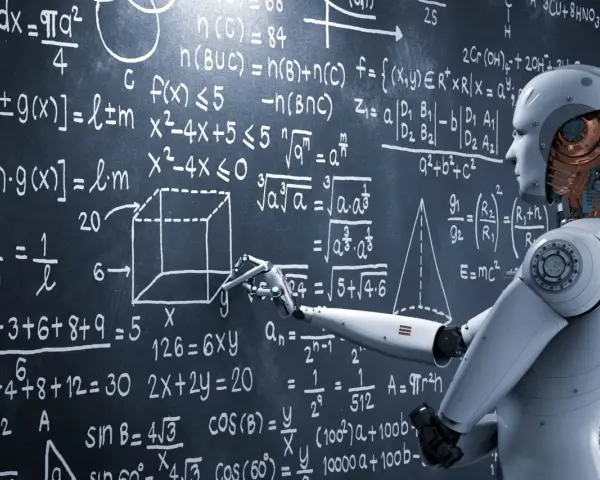 Un robot enseigne le master intelligence artificielle à distance, pointant des équations complexes sur un tableau noir.