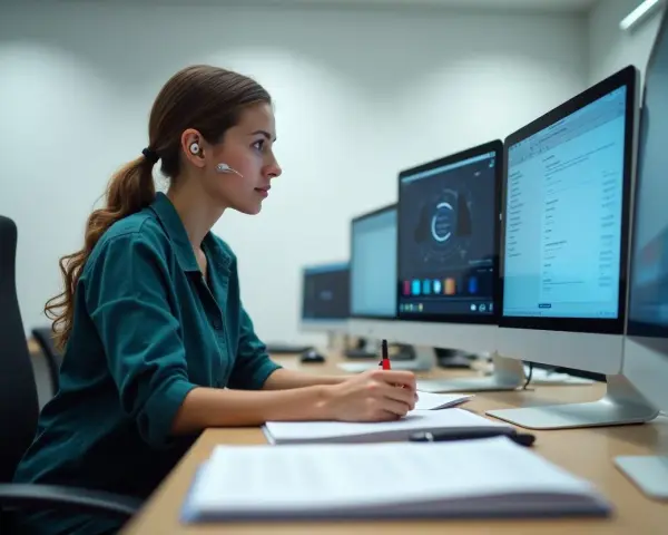 Femme en formation audioprothésiste reconversion, concentrée sur ses écrans d'ordinateur, prenant des notes.