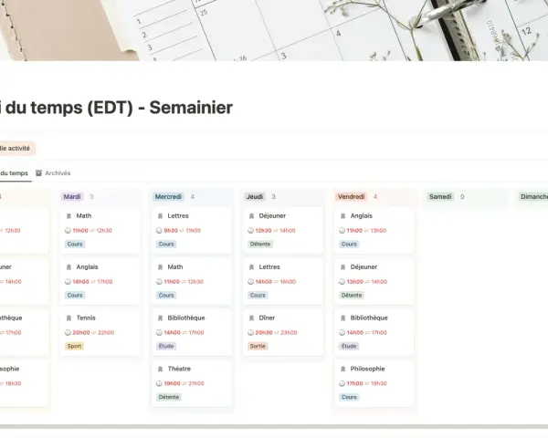 Un emploi du temps étudiant hebdomadaire, montrant la gestion du temps avec des cours, des pauses déjeuner et des activités d'étude.