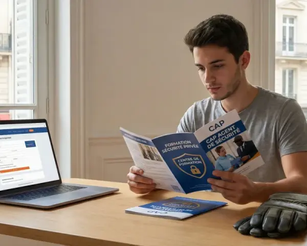 Un jeune homme lit une brochure sur le CAP Agent de Sécurité Privée, devant son ordinateur. Il prépare son avenir professionnel.