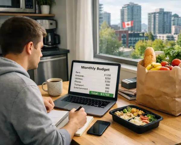 Un homme analyse son budget mensuel sur son ordinateur portable, comparant le coût de la vie au Canada. Une épicerie est à côté.