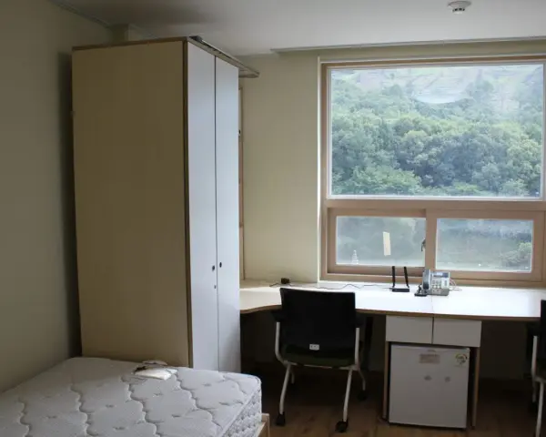 Chambre simple pour un logement étudiant à Séoul, avec un lit, une armoire, un bureau avec mini-frigo et une vue sur la verdure.