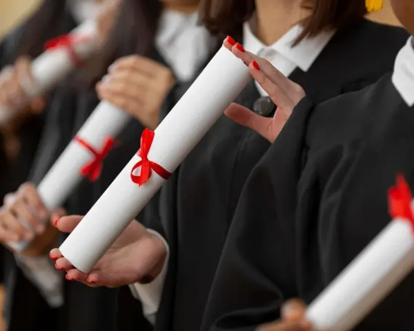 Diplômés en toges noires tenant des parchemins, un rêve pour ceux qui veulent faire ses études de kiné en Europe.