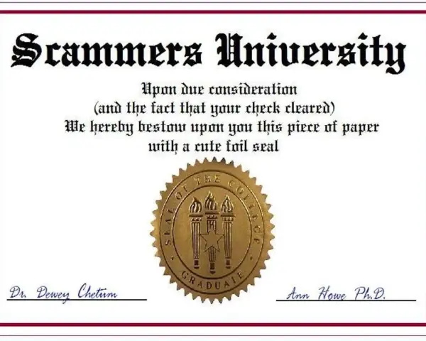 Diplôme humoristique de "Scammers University" pour une université de personnes peu scrupuleuses. Le texte mentionne "votre chèque a été encaissé".