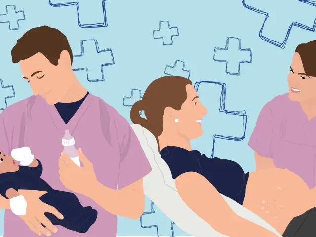 Un homme et une femme en uniforme rose s'occupent d'une femme enceinte et d'un bébé. Une scène d'étude sage femme.