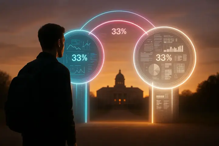 Un jeune homme regarde des cercles lumineux affichant des graphiques et "33%", symbolisant peut-être la préparation au GMAT test.