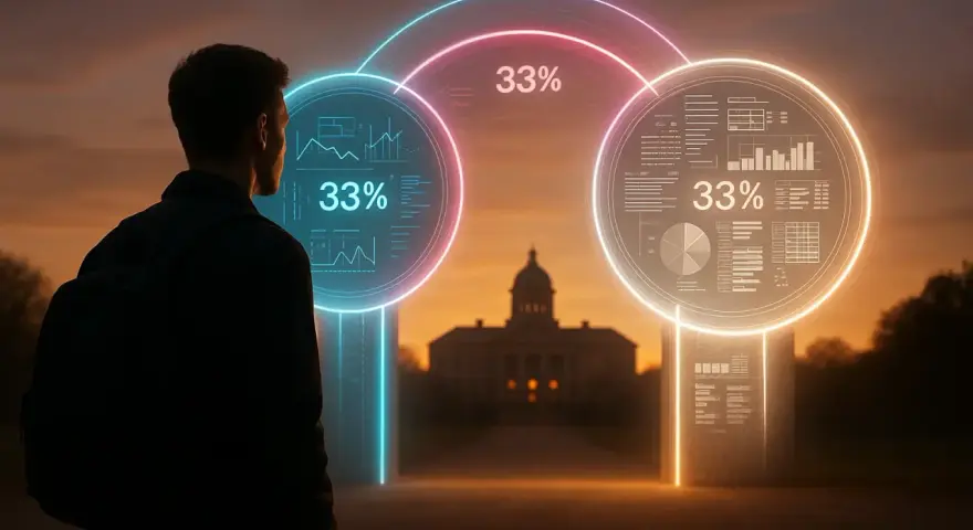 Un jeune homme regarde des cercles lumineux affichant des graphiques et "33%", symbolisant peut-être la préparation au GMAT test.