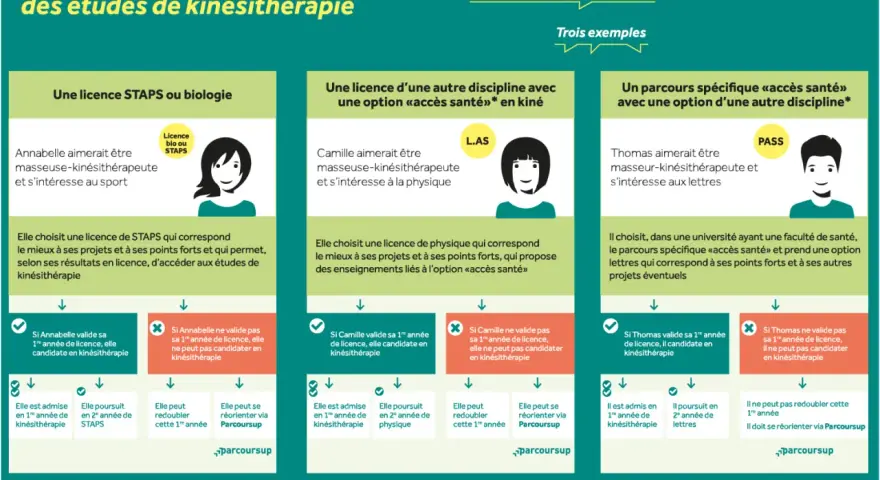 Schéma des parcours pour devenir kinésithérapeute : licence STAPS, L.AS ou parcours spécifique "accès santé".