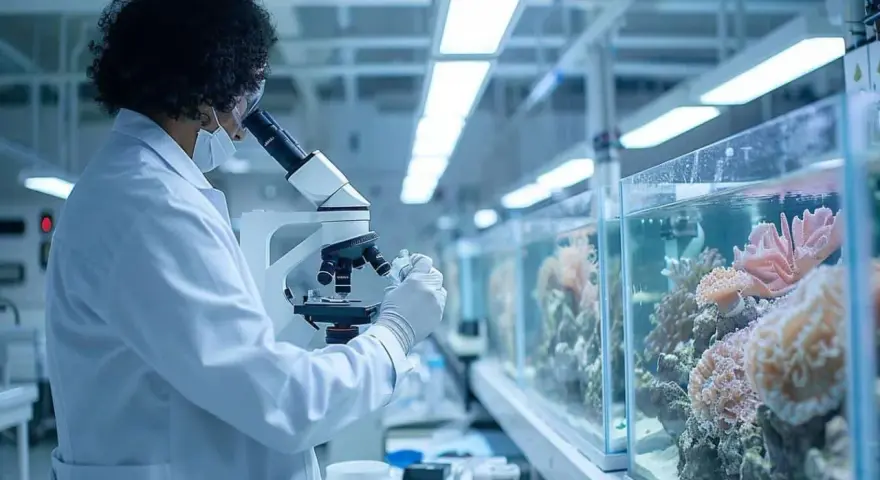 Chercheuse en blouse blanche examinant des coraux au microscope, dans le cadre de sa licence biologie marine.