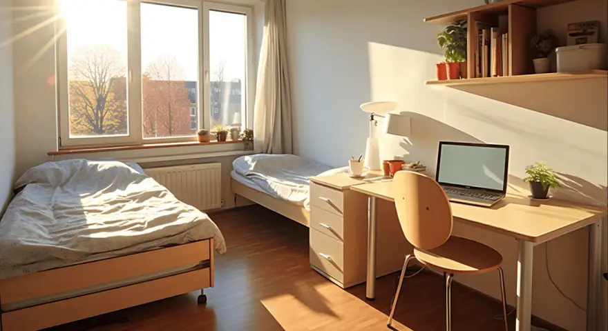 Chambre d'étudiant lumineuse avec deux lits, un bureau et un ordinateur portable. Idéal pour étudier et se détendre, loin des préoccupations du loyer moyen aux États-Unis.