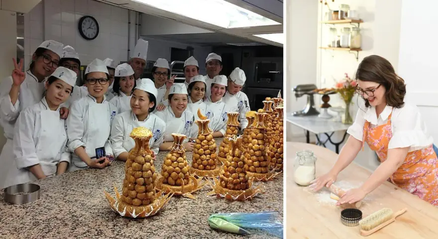 Élèves en cuisine posant avec des pièces montées de croquembouches, une spécialité du cordon bleu patisserie.