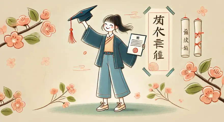Jeune diplômée tenant son chapeau et son diplôme, célébrant l'obtention de sa licence chinois à distance. Fleurs de cerisier en arrière-plan.