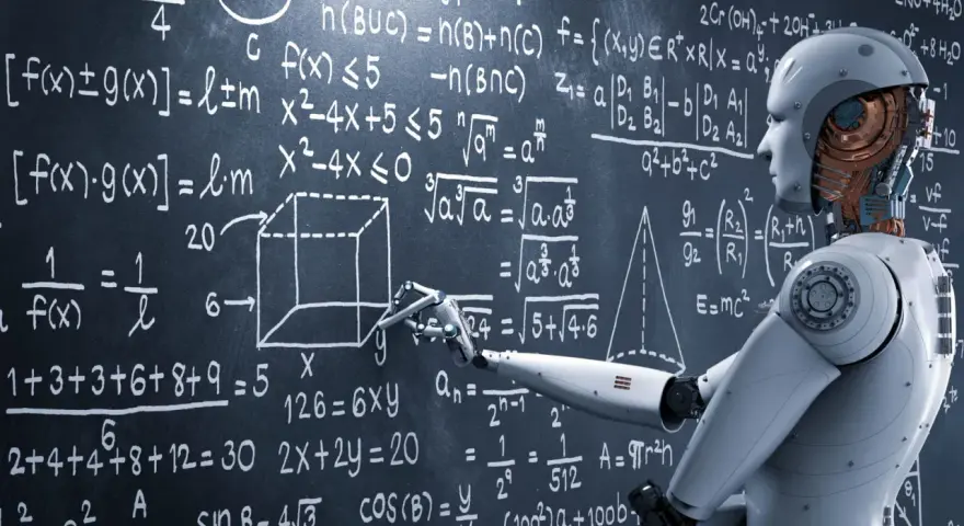 Un robot enseigne le master intelligence artificielle à distance, pointant des équations complexes sur un tableau noir.