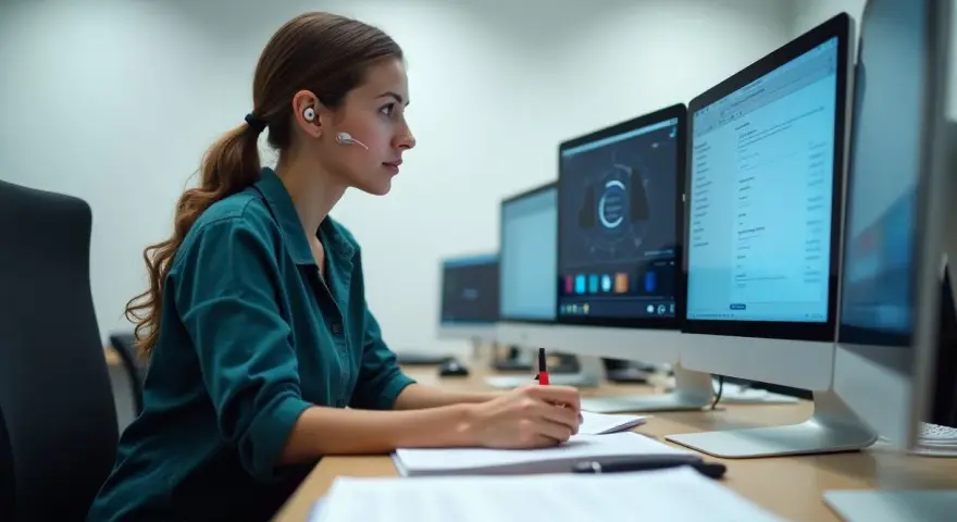 Femme en formation audioprothésiste reconversion, concentrée sur ses écrans d'ordinateur, prenant des notes.