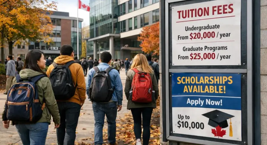 Étudiants marchant sur un campus canadien, panneau affichant les frais de scolarité et les bourses, reflétant le niveau de vie au Canada.