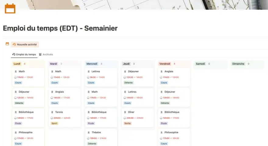 Un emploi du temps étudiant hebdomadaire, montrant la gestion du temps avec des cours, des pauses déjeuner et des activités d'étude.