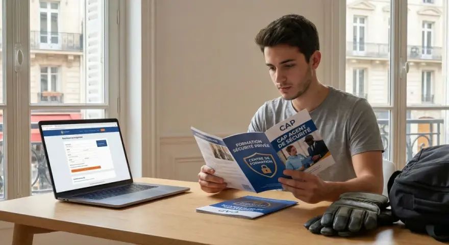 Un jeune homme lit une brochure sur le CAP Agent de Sécurité Privée, devant son ordinateur. Il prépare son avenir professionnel.