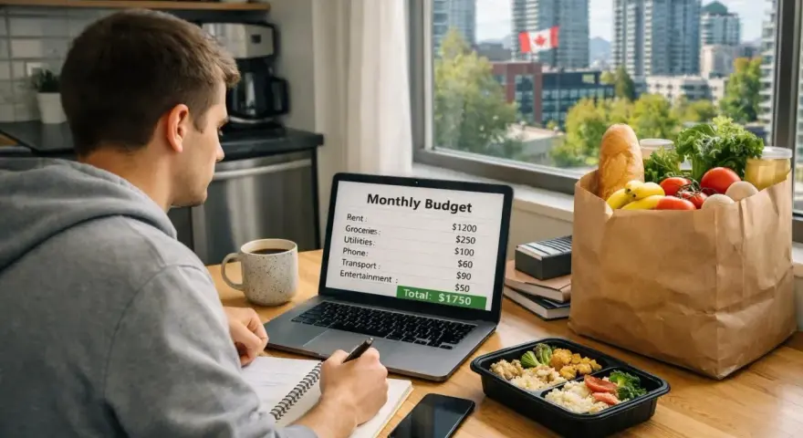 Un homme analyse son budget mensuel sur son ordinateur portable, comparant le coût de la vie au Canada. Une épicerie est à côté.