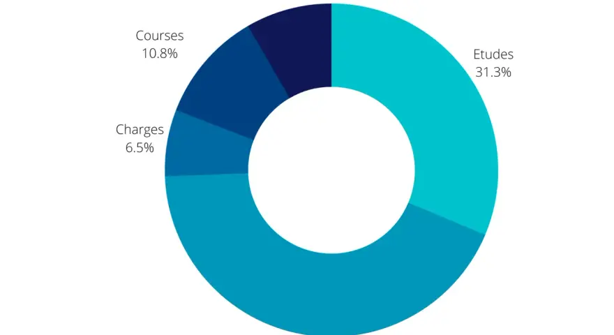 Répartition des dépenses en Hongrie : Loyer (43.1%), Études (31.3%), Courses (10.8%), Divers (8.3%), Charges (6.5%).