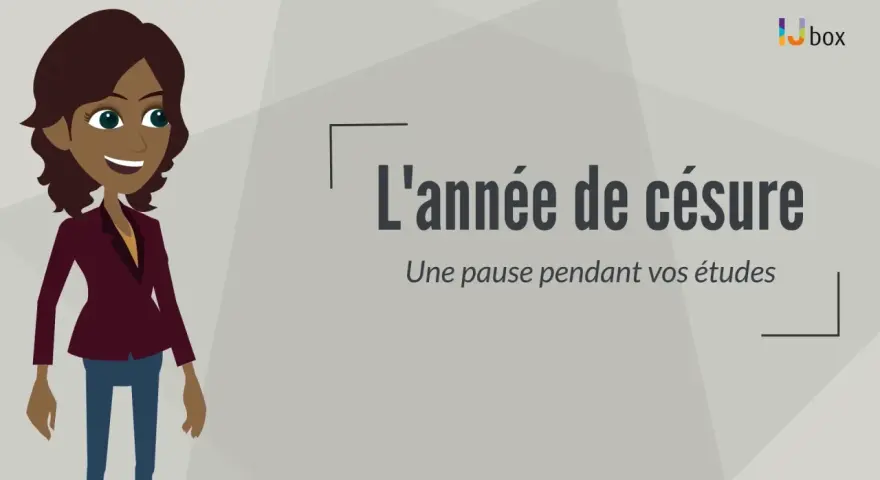 Une jeune femme souriante est représentée, avec le texte "L'année de césure : une pause pendant vos études". Parfait pour une année sabbatique après le bac.