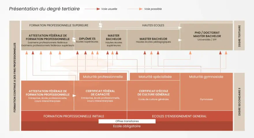 Schéma des études supérieures en Suisse, montrant les parcours de formation professionnelle et générale, de l'école obligatoire au doctorat.