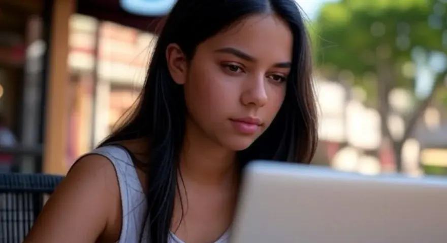 Jeune femme concentrée sur son ordinateur portable, peut-être en train d'étudier pour l'université fédérale de Santa Catarina.