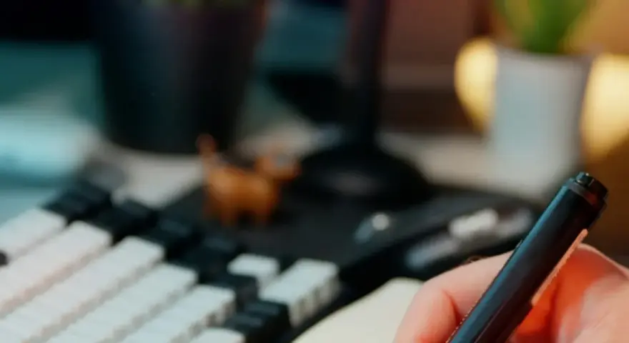 Main tenant une plume, prêt à étudier pour sa licence sociologie à distance. Un clavier mécanique et une petite figurine complètent le décor.