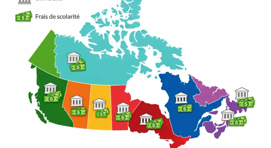 Carte du Canada montrant les universités et les frais de scolarité. Un budget pour partir vivre au Canada doit tenir compte de ces coûts variables.