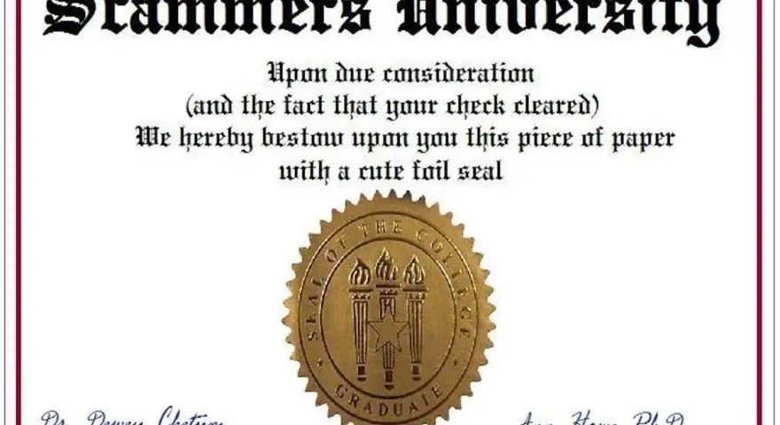 Diplôme humoristique de "Scammers University" pour une université de personnes peu scrupuleuses. Le texte mentionne "votre chèque a été encaissé".
