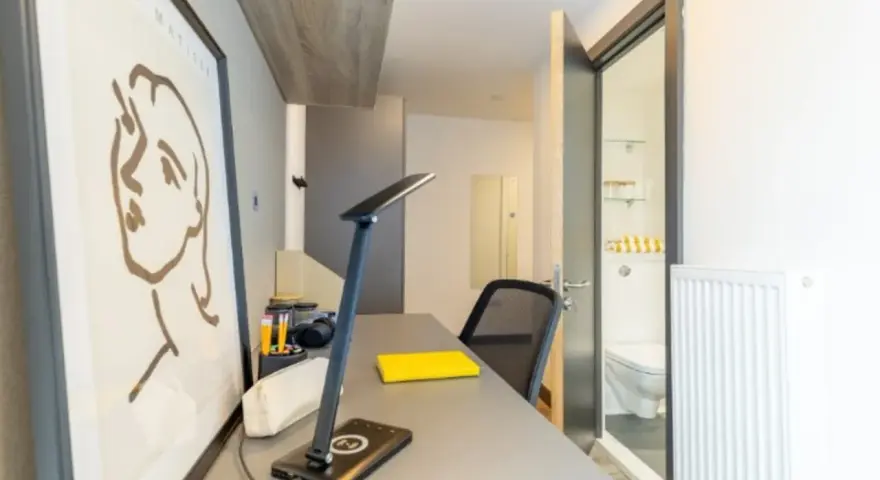 Bureau d'un logement étudiant à Cork, avec un tableau, une lampe, une chaise et une porte ouverte sur une salle de bain.