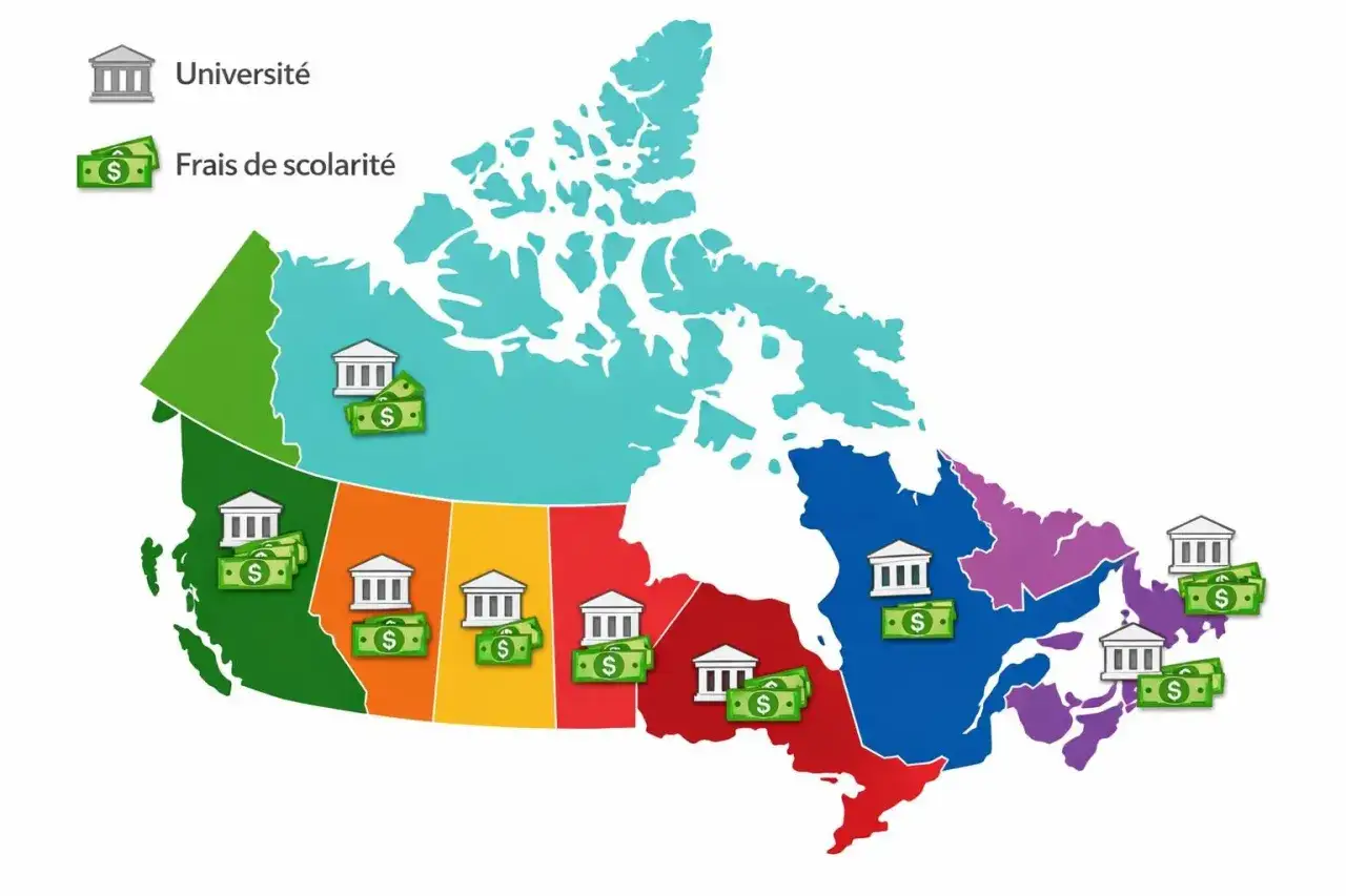 Carte du Canada montrant les universités et les frais de scolarité. Le budget pour partir vivre au Canada varie selon les provinces.