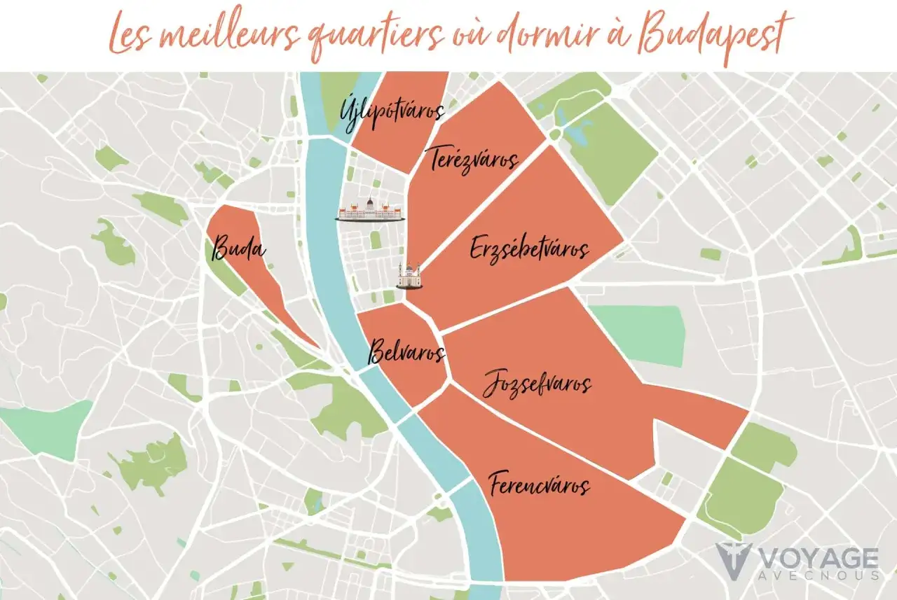 Carte des quartiers de Budapest. Id&eacute;al pour trouver un logement &eacute;tudiant, avec des zones comme Belv&aacute;ros, Ter&eacute;zv&aacute;ros et Erzs&eacute;betv&aacute;ros mises en avant.