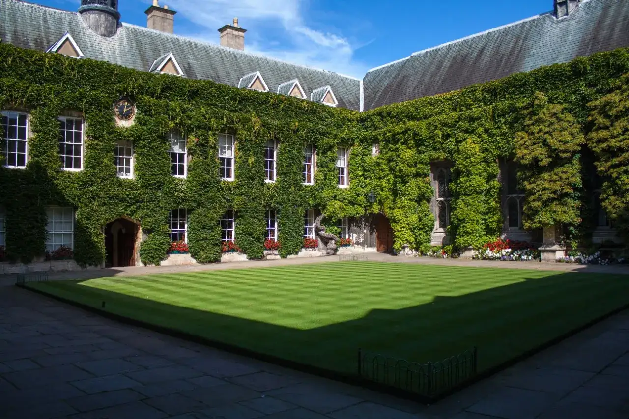Cour intérieure d'une université d'Oxford, recouverte de lierre, avec une pelouse parfaitement entretenue et des fleurs colorées.