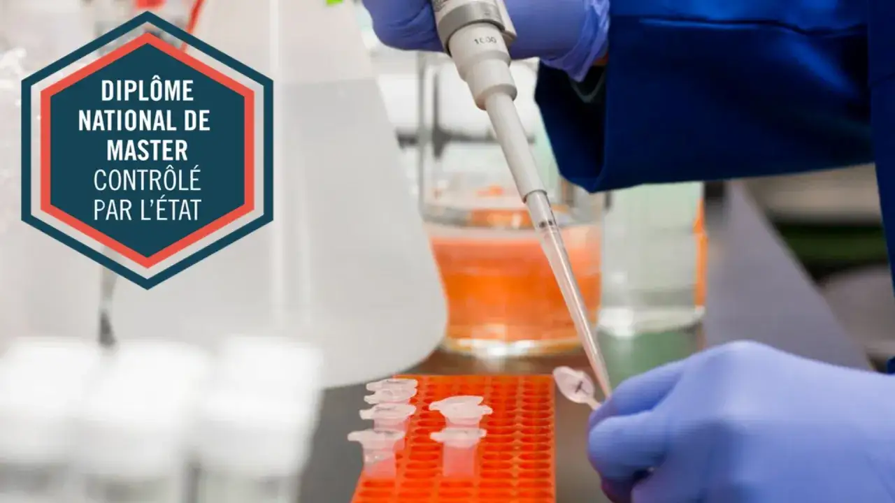 Un diplôme national de Master contrôlé par l'État, obtenu à distance, est symbolisé par une main gantée effectuant une manipulation en laboratoire.