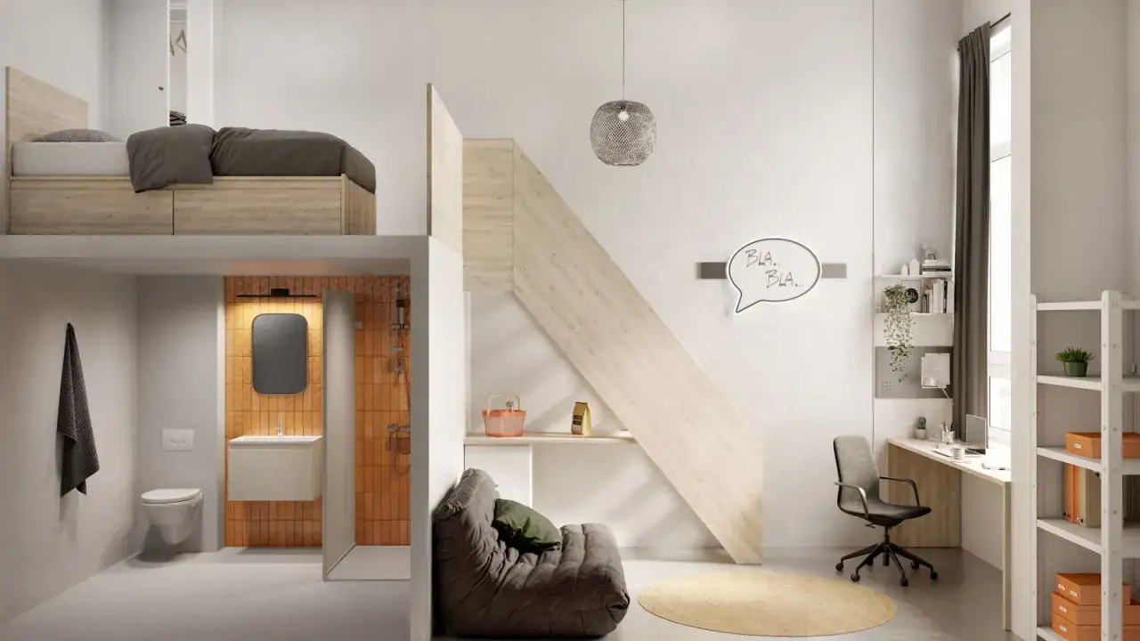 Un studio moderne pour trouver un logement en Belgique : lit mezzanine, salle de bain, coin bureau et salon cosy.