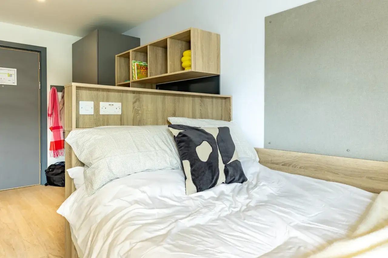 Chambre d'&eacute;tudiant moderne &agrave; Cork, avec un lit confortable, des &eacute;tag&egrave;res et une porte.