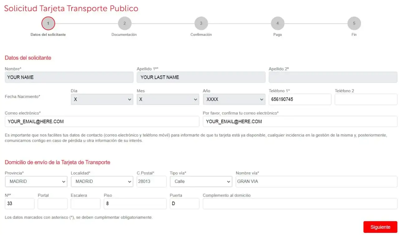 Formulaire de demande de carte transport Madrid &eacute;tudiant. Remplissage des informations personnelles et de l'adresse pour recevoir la carte.