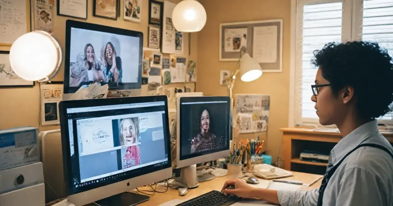 Une jeune femme suit une formation orthophoniste à distance, interagissant avec des vidéos sur ses écrans.