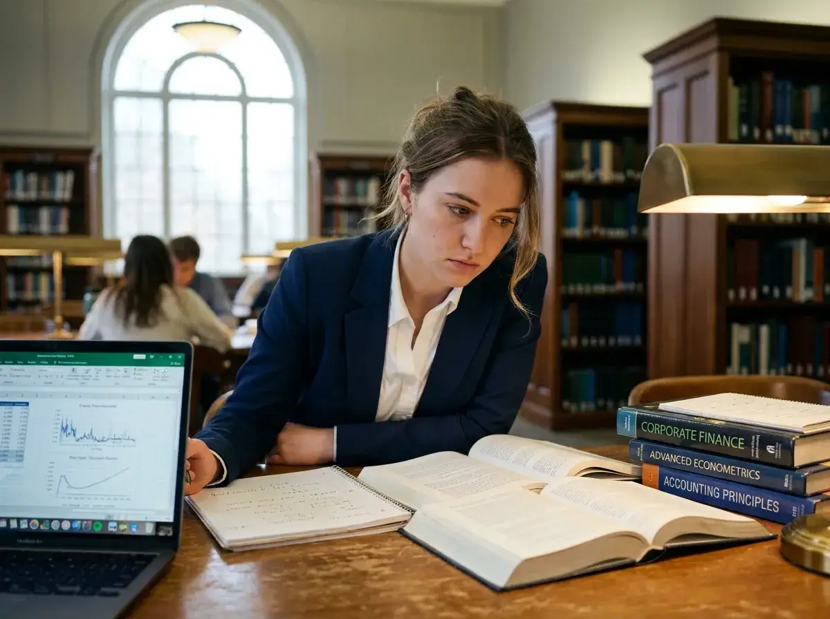 &Eacute;tudiante concentr&eacute;e sur sa licence finance &agrave; distance, entour&eacute;e de livres et d'un ordinateur dans une biblioth&egrave;que.